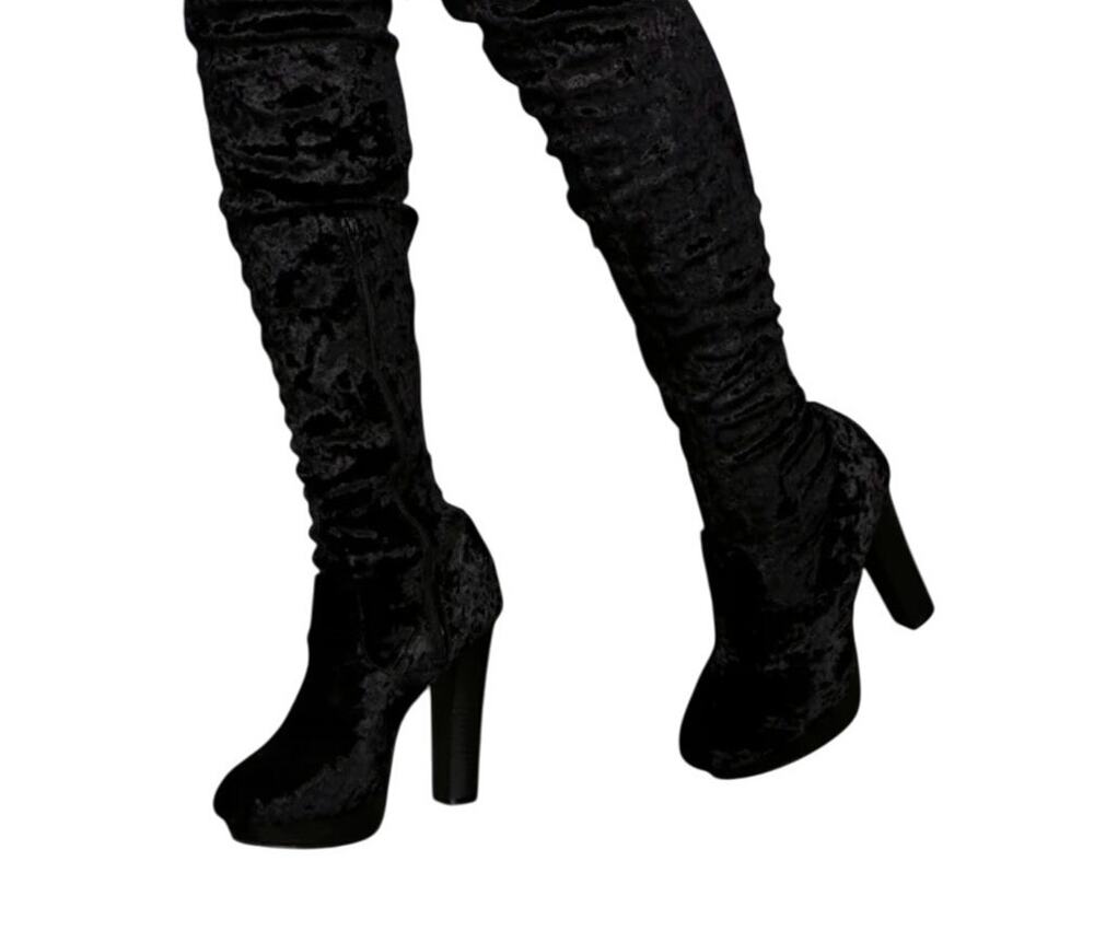 Cape Robbin Crushed Velvet Platform Boots 5.5 Black WhimsiGoth Tall Over Knee